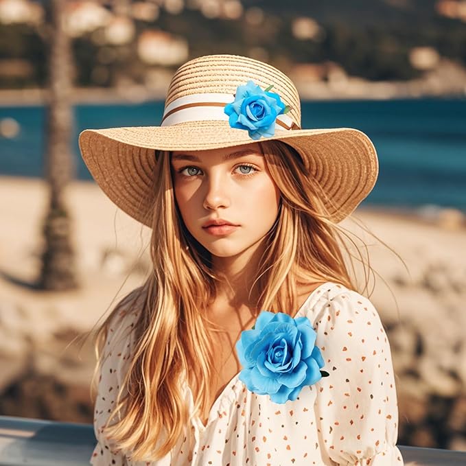 Rose Hair Clip Flower Hairpin Brooch Floral Clips, 4 Pcs Fabric Rose Flowers Hair Clips Mexican Hair Flowers Pin up Headpieces for Woman Girl Wedding Party Mother's Day (Light Blue)