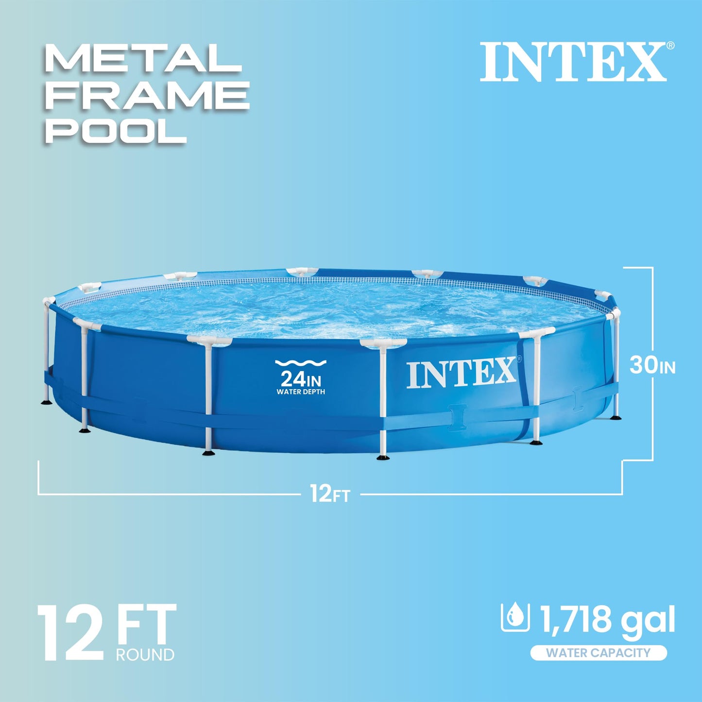 Intex Metal Frame 12 ft x 30 in Round Above Ground Outdoor Backyard Swimming Family Pool for Kids and Adults Ages 6 and Up, Blue