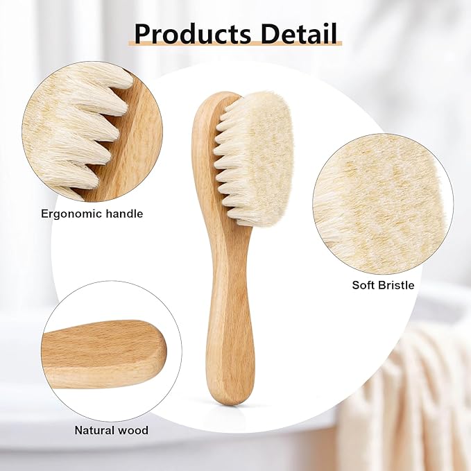 Baby Hair Brush, Mocokkiti Goat Bristles Brush and Baby Cradle Cap Brush Set for Cradle Cap Wood Bristle Brush for Newborns and Toddlers 2PCS