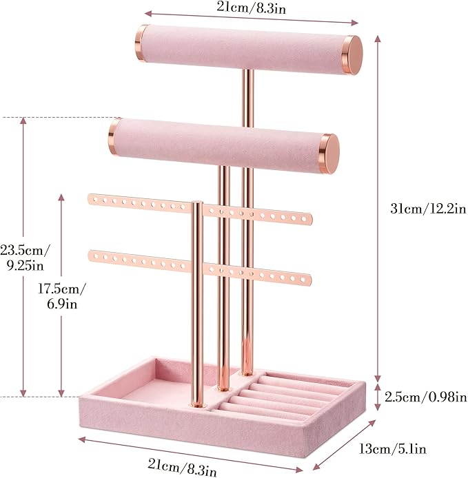 3 Tier Bracelet Holder Display - Detachable T Bar Pink Velvet Bracelet Holder, Jewelry Holder Organizer for Bracelet, Necklace, Earrings, Rings