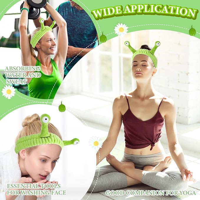 Face Wash Headband, Palm and Snail Spa Hair Bands Makeup Headbands Women Cartoon Cute Coral Fleece Elastic Headband Creative Hair Accessories for Washing Face Shower Sports (Fluorescent Green)