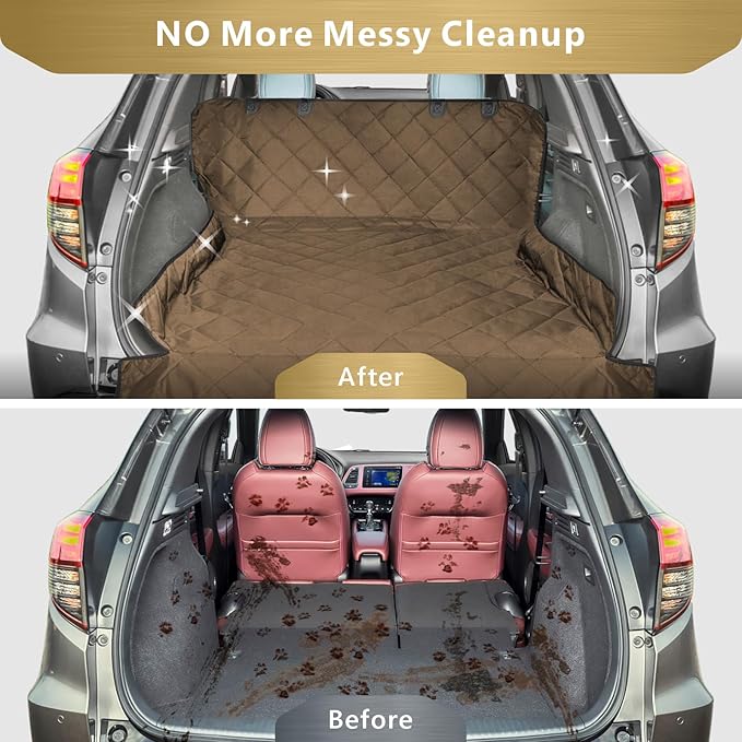 F-color SUV Cargo Liner for Dogs, Water Resistant Pet Cargo Cover Dog Seat Cover Mat for SUVs Sedans Vans with Bumper Flap Protector, Non-Slip, Large Size Universal Fit, Brown