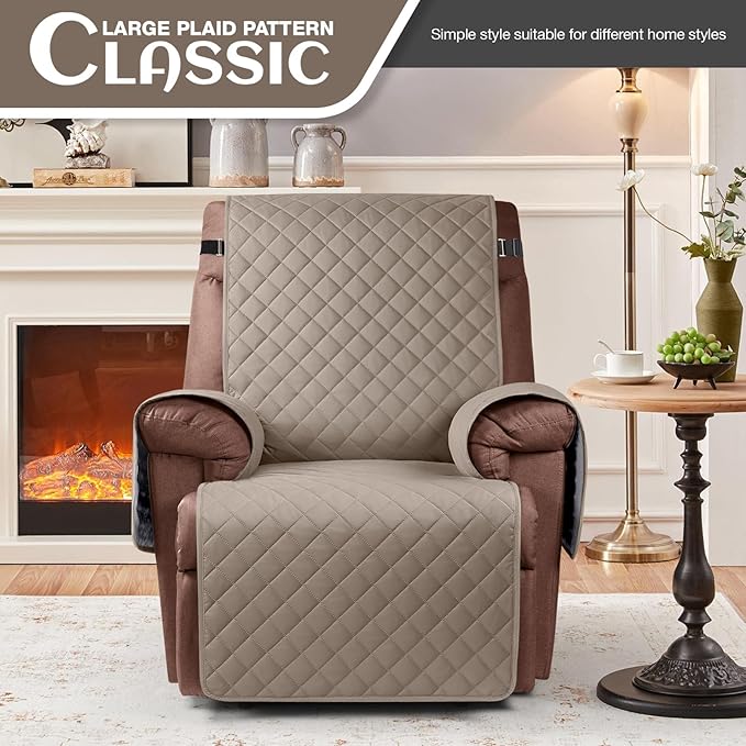 KinCam 100% Waterproof Recliner Chair Cover, Reclining Couch Covers for Pets, Dogs, Recliner Couch Slipcover Furniture Protector with Elastic Straps for Kids(23.6", Taupe)