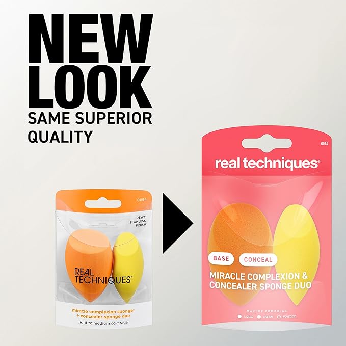 Real Techniques Miracle Complexion Sponge + Concealer Sponge Duo, Makeup Blending Sponges For Foundation & Concealer, Offers Light To Medium Coverage, Natural, Dewy Makeup, Latex-Free Foam 2 Count