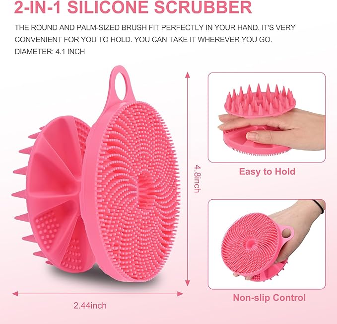INNERNEED 2-in-1 Silicone Body Scrubber and Scalp Massager Shampoo Brush, Food-Grade Soft Material, More Hygienic, Easily Lather, Convenient for Travel, Gym, Business,etc (Pink)