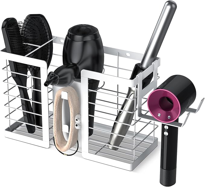 FUNKYLEE Hair Tool Organizer, 3 in 1 Metal Bathroom Blow Dryer Organizer Wall Mount for Flat Iron, Curling Iron, Straightener, Hair Care & Styling Tools Storage and Organizer (White)-2pcs