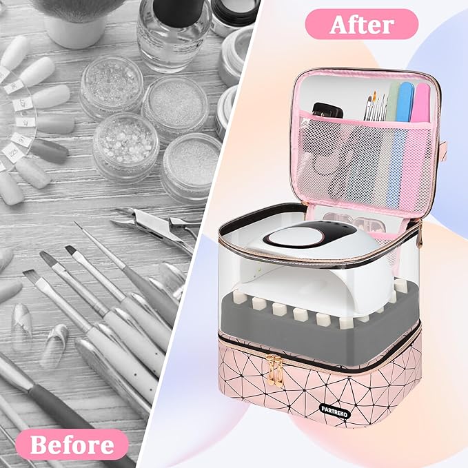 Clear Nail Polish Organizer Holds 60 Bottles (15ml/0.5fl.oz)& Nail Lamp, Double Layer Nail Supplies Organizer Case Transparent, PU Leather Nail kit Storage Bag for Manicure Tools (Pink)