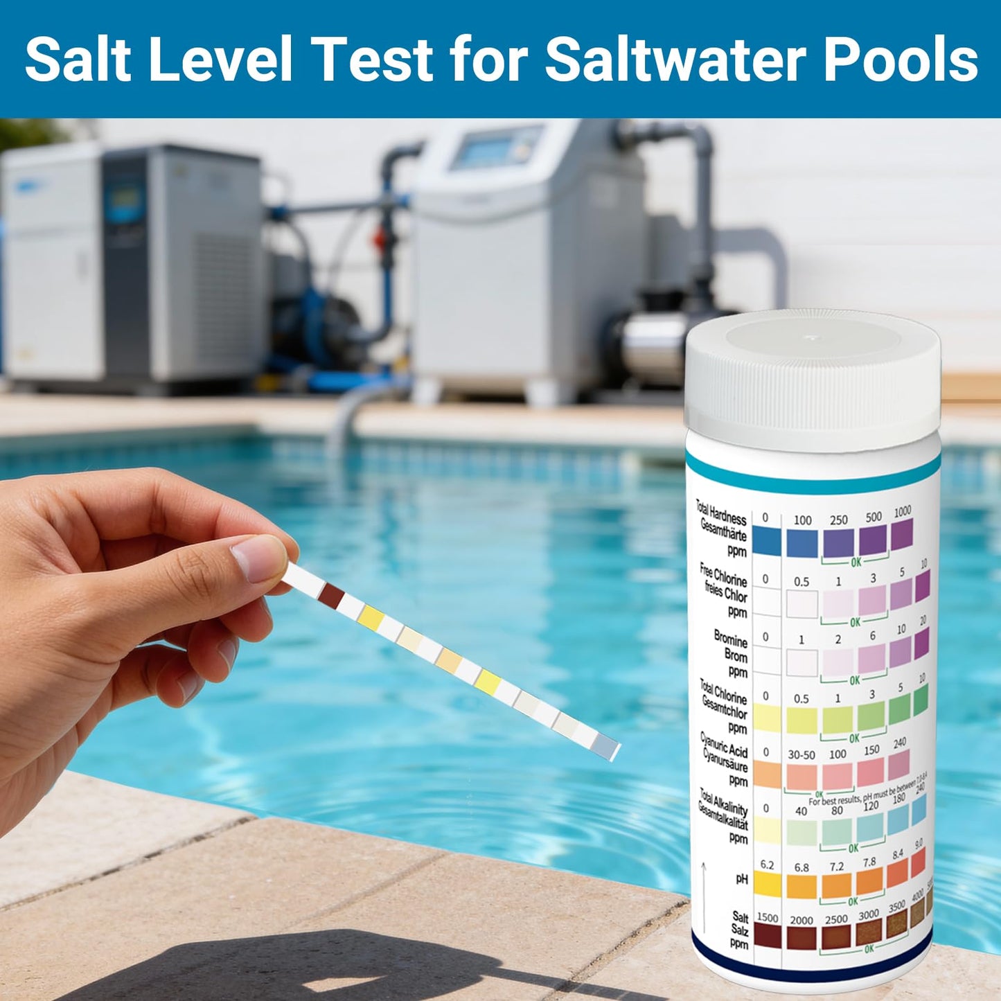 All-New 2026 8-in-1 Pool Test Strips -150 CT Pool Salt Test Strips | Salt Water Pool Testing Kit for Salt Water Pools, in & Above-Ground Pools, Hot Tubs&Spas| Quick&Accurate Testing Chlorine,pH,Salt