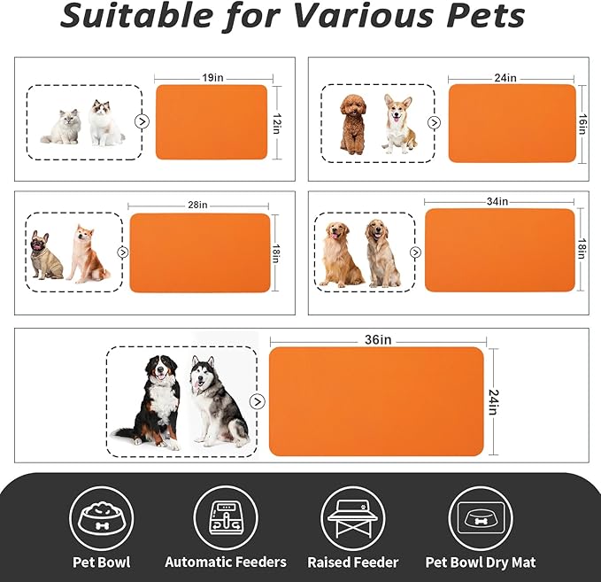 Dog Food Mat - Absorbent Cat Mat for Food and Water, No Stains Pet Feeding Bowl Mat, Easy to Clean Pet Placemats, Quick Dry Dog Water Dispenser Mat for Messy Drinkers | Orange 16"x 24"