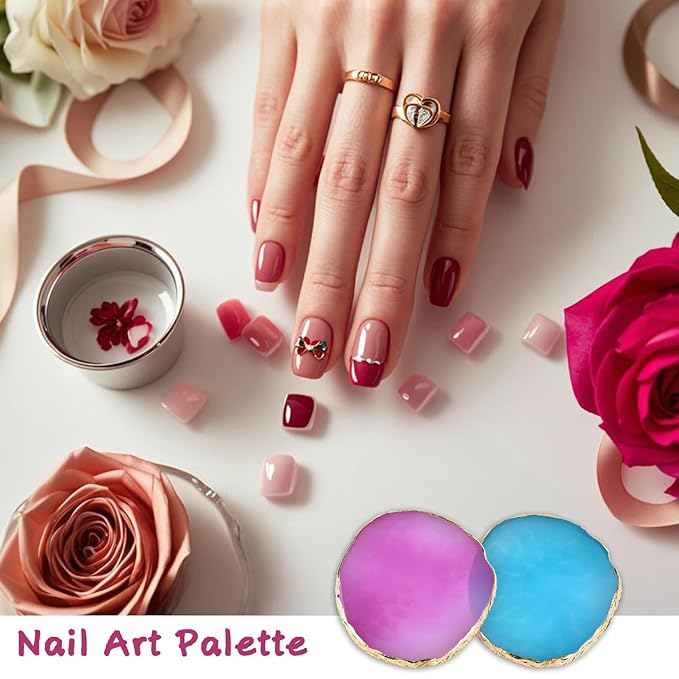 2 Pcs Resin Nail Art Palettes,Nail Polish Palette,Golden Edge Gel Nail Mixing Palette Nail Tray,Makeup Display Board,Nail Design Tools(Purple and Blue)