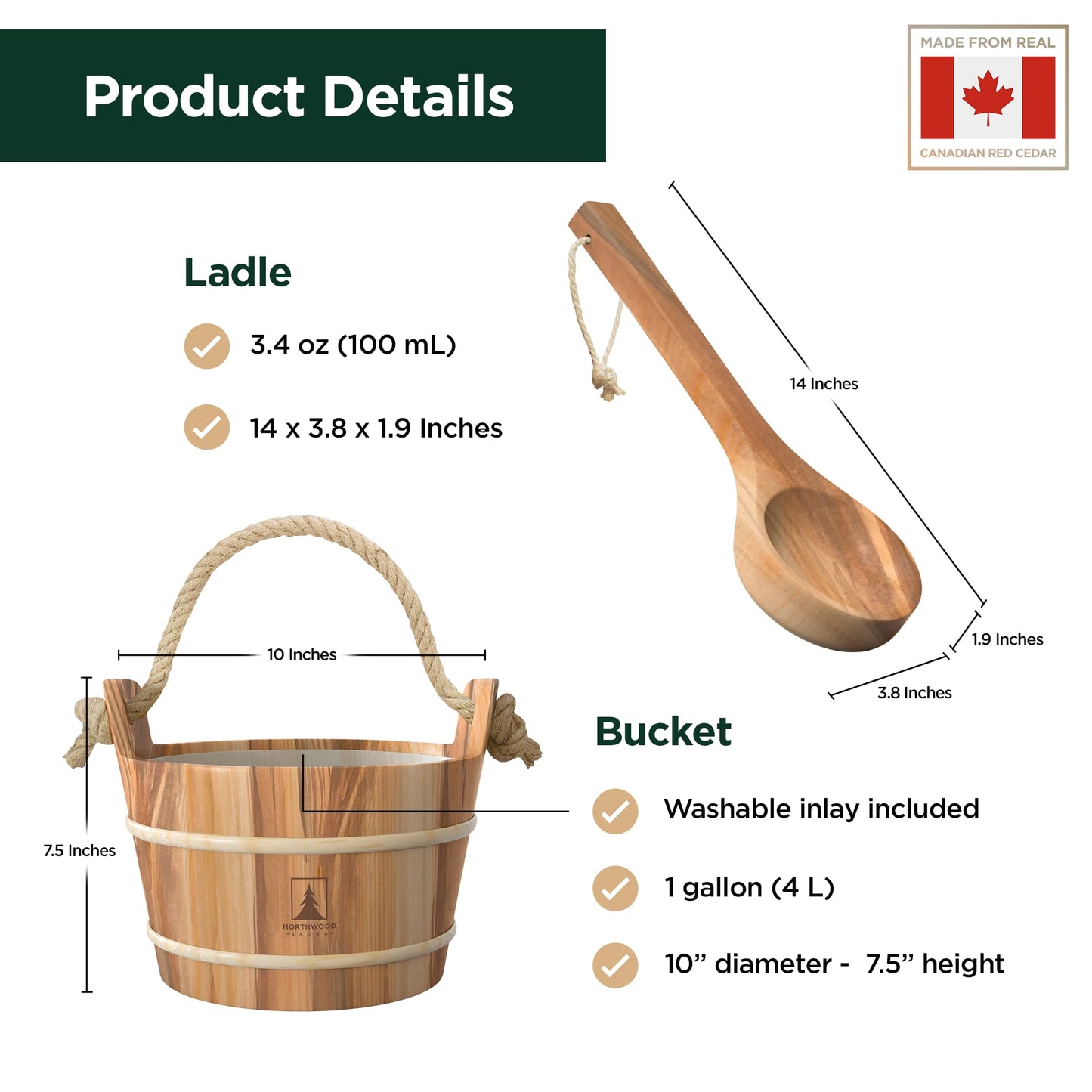 Northwood Sauna - Sauna Bucket and Ladle Set - Handmade from Canadian Red Cedar Wood - Natural Rope Handle - 1 Gallon (4 Liters) Water Capacity