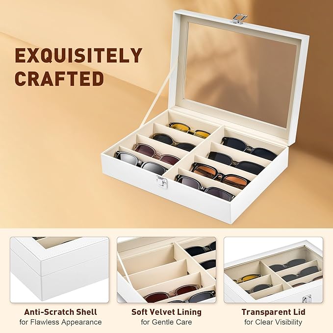 CO-Z Sunglasses Organizer with 8 Slots, Leather Eyeglasses Storage Box for Multiple Glasses, Lockable Display Case for Women Men, Glasses Holder for Watches Jewelry Collection, White
