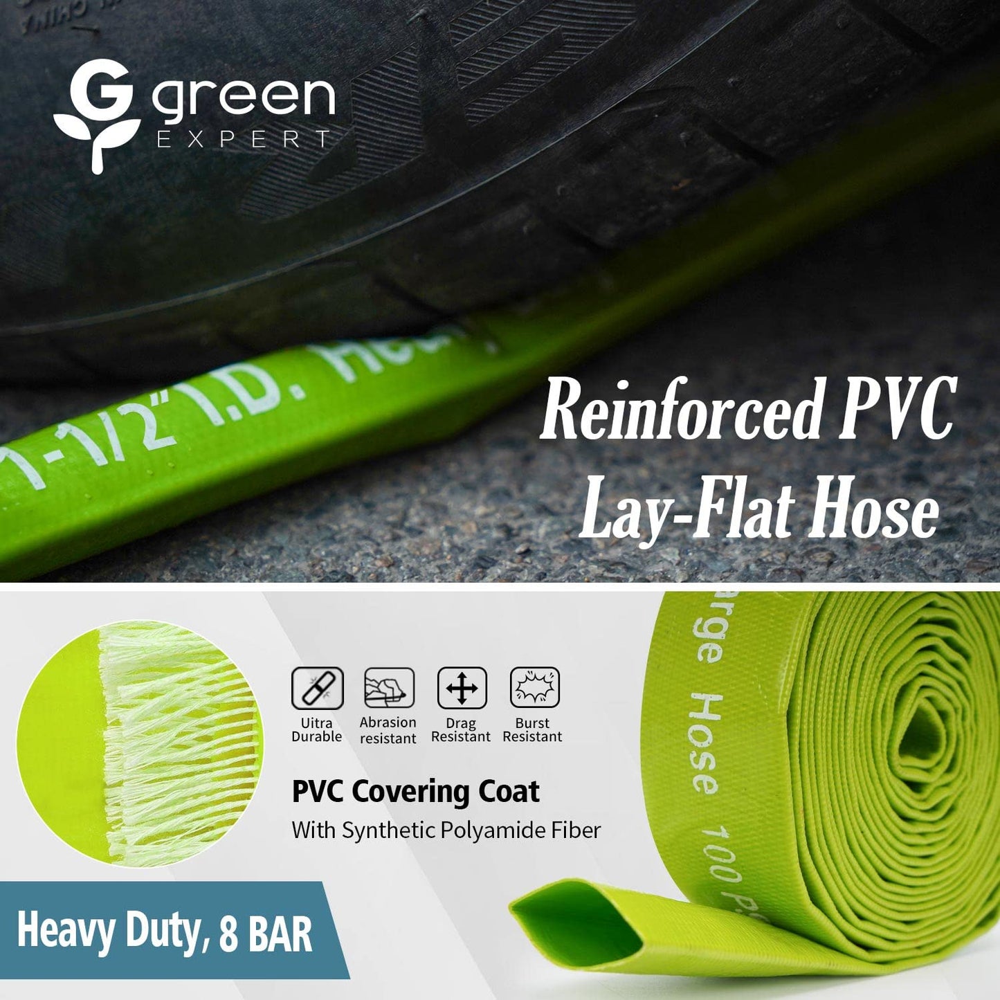 Green Expert 1-1/2" ID PVC Lay-Flat Discharge Hose, Sump Pump Accessory, 100FT Heavy-Duty Pool Backwash & Water Transfer Hose, Steel Clamp Kit Included
