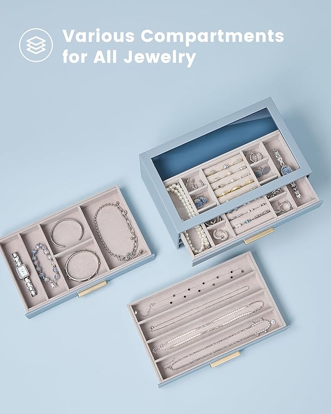 Lolalet Jewelry Box Organizer, 3-Layer Jewelry Organizers and Storage Case with Glass Lid, Ring Earring Bracelet Necklace Holder Organizer, Birthday Valentine Gifts for Women Girls -3Layer, HazeBlue