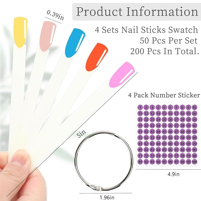 BQAN 200 Pcs Nail Swatch Sticks with Ring, Nails Art Display/Nail Practice Sticks for Home or Salon Use, 4 Pack Number Stickers