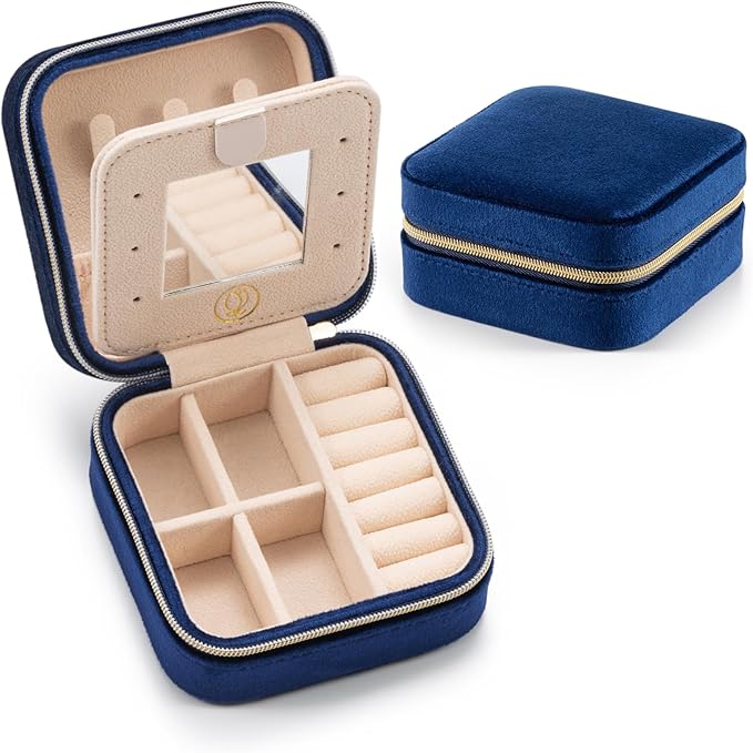 Plush Velvet Travel Jewelry Case,Mini Jewelry Box,Small Jewelry Organizer Portable Display Jewelry Storage Case, for Girls Women (NavyBlue-With Mirror)