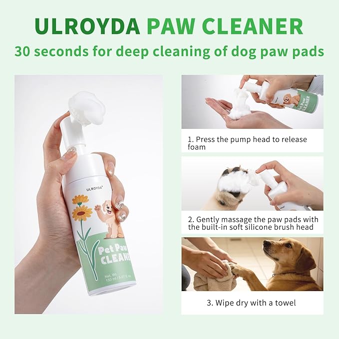 No-Rinse Dog paw Cleaner, Along with paw Washer, pet Dry Shampoo, Built-in Silicone Massage Brush Head, Effectively removes Dirt and Outdoor Grime, deodorizes, Suitable for All Dogs, 5.07fl.oz.
