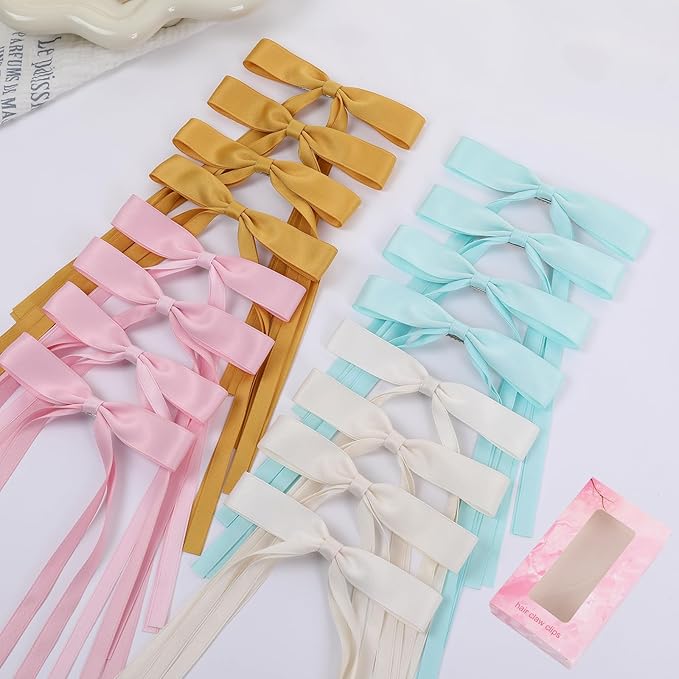 Hair Bows Clips Coquette Ribbon Bowknot with Long Tail Princess Hair Bows French Barrettes Hair Accessories for Women Girls 16PCS (Pink, Yellow, Cream, Aquamarine)