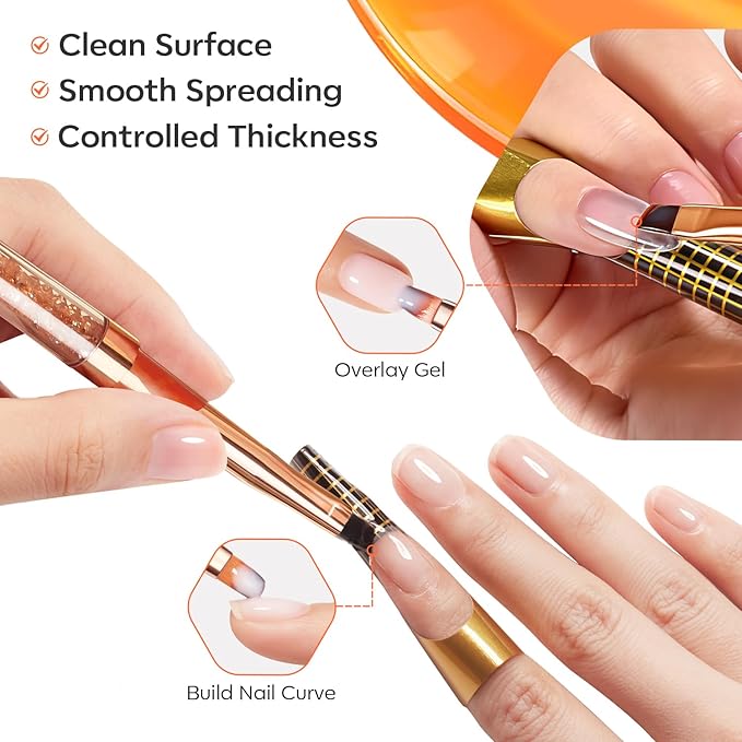Modelones 2Pcs Double Ended Builder Gel Brush for Nail Extension French Tip Brush Liner Hard Poly Gel Application Cleaning Brush Nail Art Tools Supplies for Salon & DIY