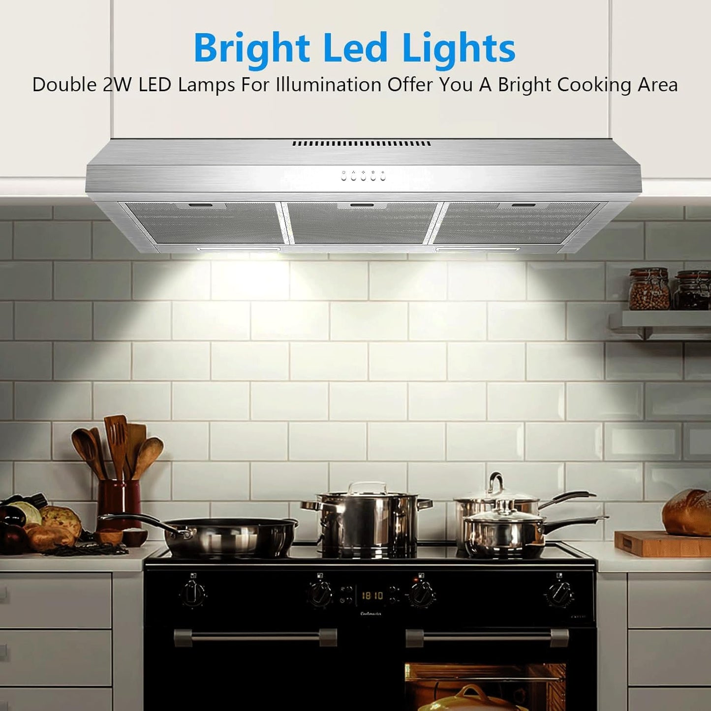 600 CFM Range Hood 36 Inch, Under Cabinet Range Hood for Duct/Ductless Convertible, Stainless Steel Kitchen Stove Vent Hood with 3 Speed Kitchen Exhaust Fan and Two Bright Energy-Saving LED Light