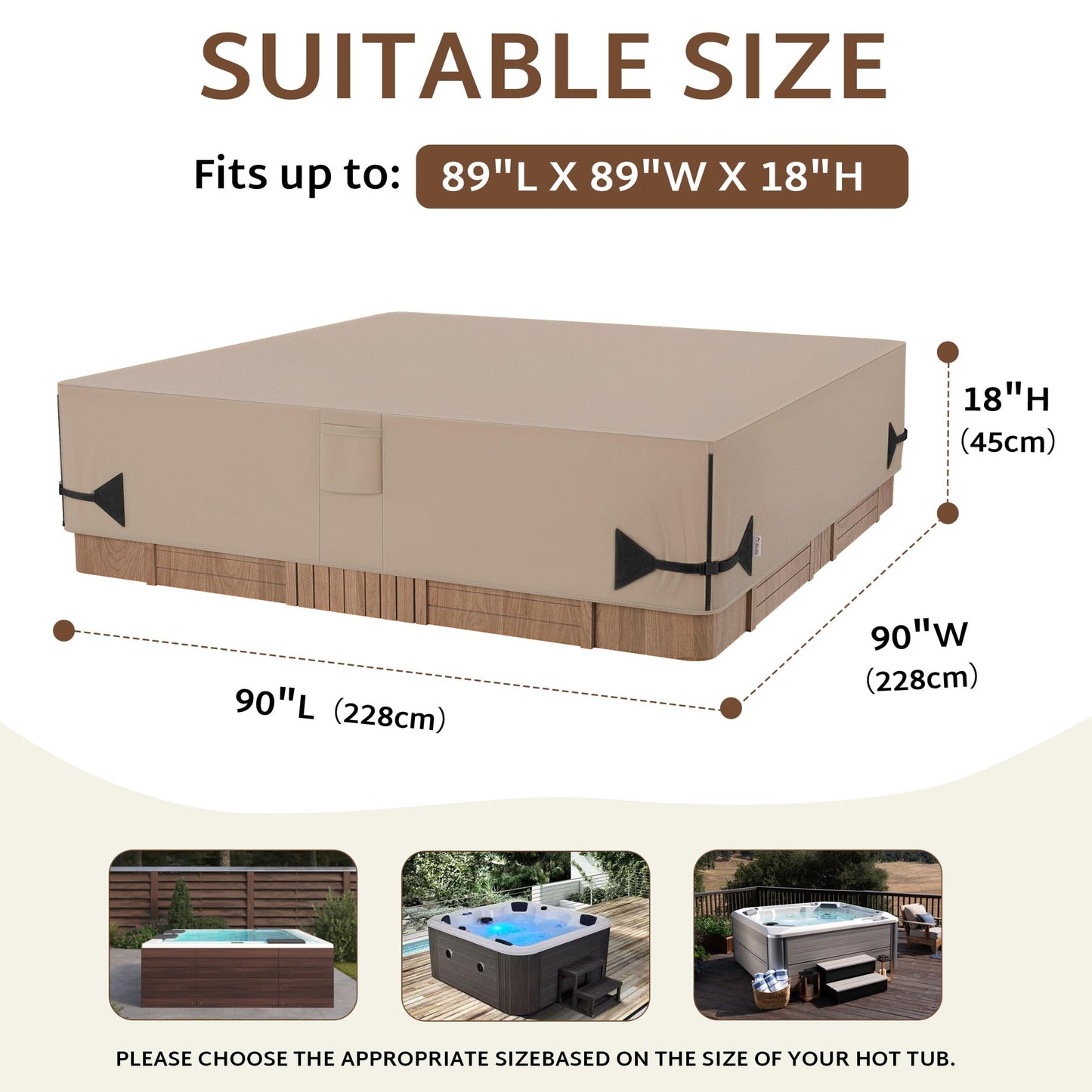 iBirdie Outdoor Waterproof and Weatherproof Hot Tub Cover 90 x 90 inch fit 89 x 89 or 88 x 88 or 87 x 87 Square SPA 600D Heavy Duty Cover Protectors Protective Cap, Brown