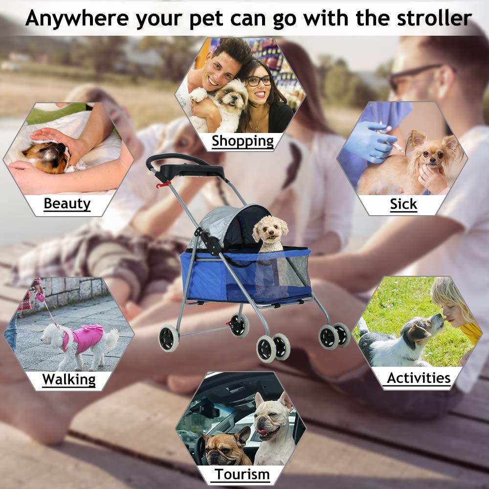 Dog Stroller Pet Stroller Cat Strollers Jogger Folding Travel Carrier Durable 4 Wheels Doggie Cage with Cup Holders 35Lbs Capacity Waterproof Puppy Strolling Cart for Small-Medium Dogs, Cats - Blue