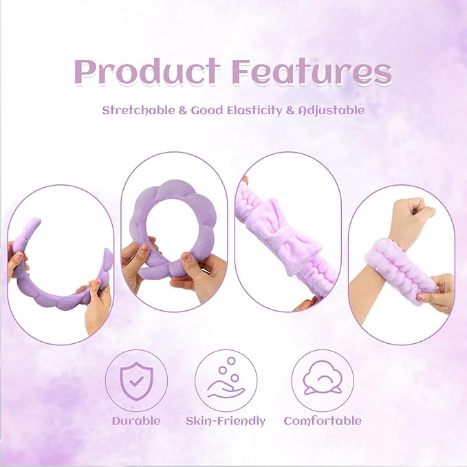 Puffy Terry Cloth Headbands & Wristbands - Sponge Makeup Removal Set for Skincare Routine and Shower