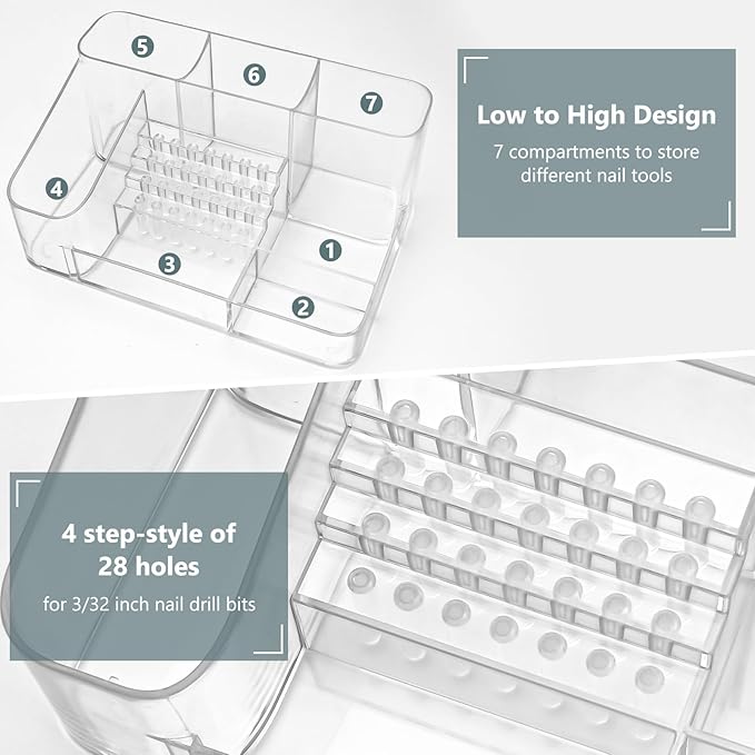 CGBE Nail Drill Holder, 28 Holes Transparent Acrylic Nail Drill Bits Holder, Professional Nail Tools Organizer and Storage Box Case