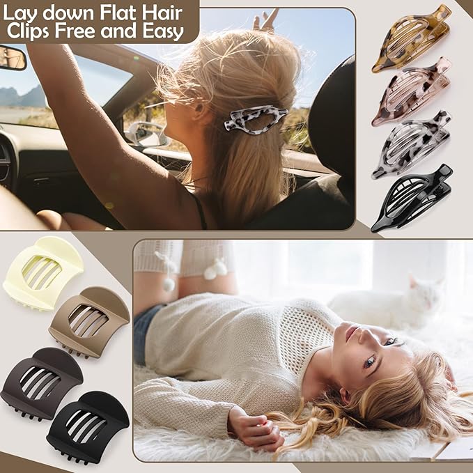8 Pcs Flat Hair Clips for Women, 2 Styles French Flat Claw Clips for Women, Large Strong Hold Lay Down Claw Clips for Thick Thin Hair(Tortoiseshell)