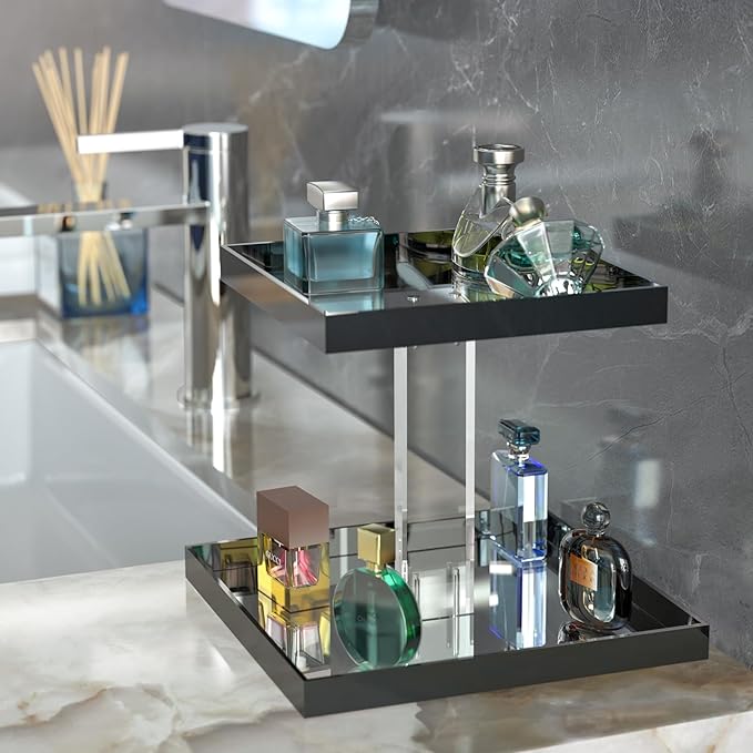 NiHome Acrylic Perfume Display Organizer, 2-Tier Cologne Organizer, Makeup Holder with Mirrored Base, Handmade Vanity Storage Versatile Countertop Tray for Cosmetics Toiletries, Black