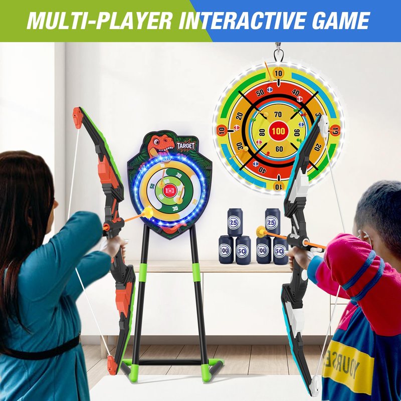 HYES 2 Pack Kids Bow and Arrow with 29" Large Dart Board, LED Light Up Archery Set with 24 Suction Cup Arrows, Indoor Outdoor Sport Toys Gifts for 3 4 5 6 7 8 9 10 11 12 Year Old Boys Girls