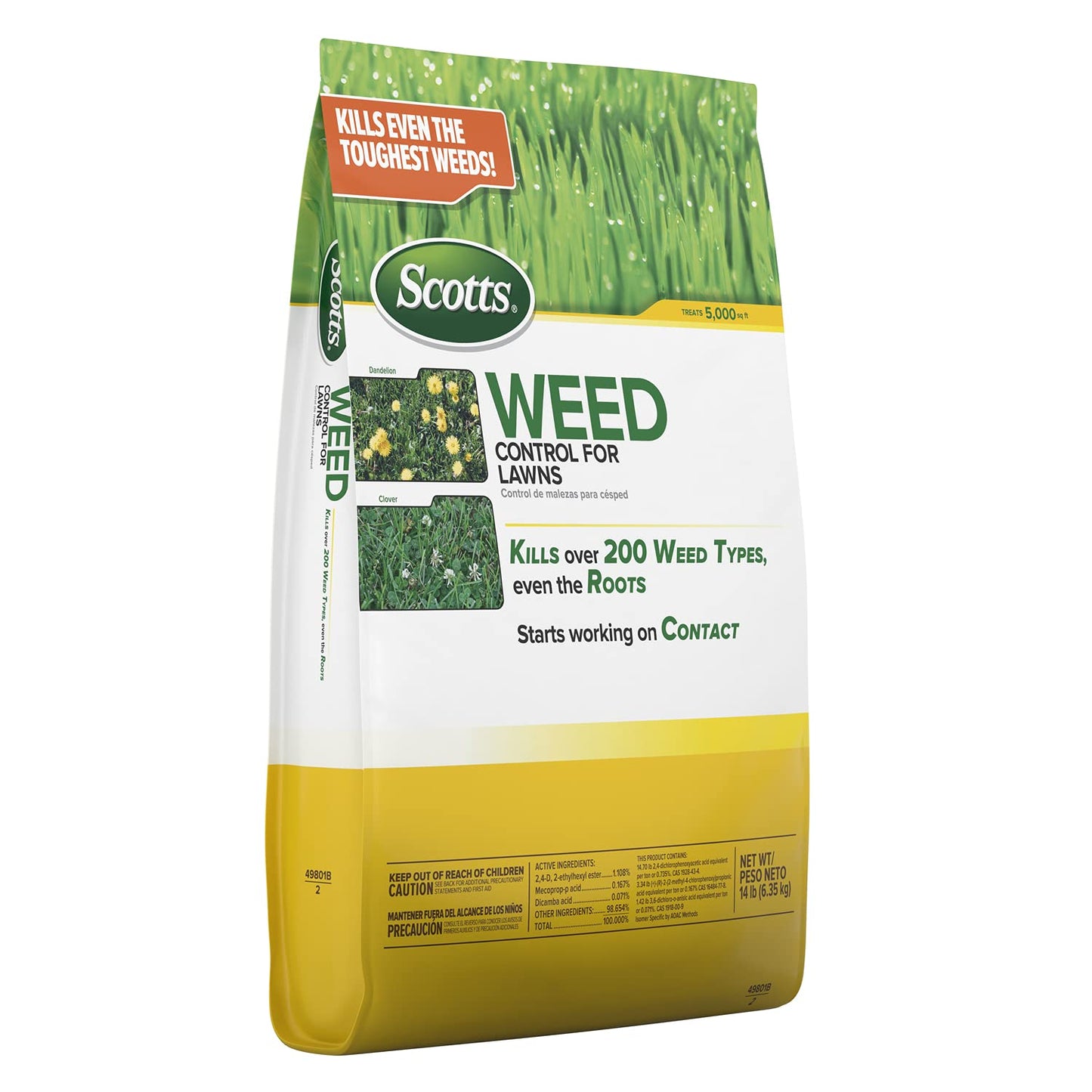 Scotts Weed Control for Lawns, Weed Killer, Kills Over 200 Weed Types Including Dandelion and Clover, 5,000 sq. ft, 14 lbs, Yellow