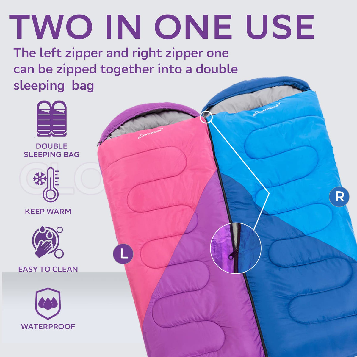 Clostnature Sleeping Bag for Adults and Kids - Lightweight Camping Sleeping Bag for Girls, Boys, Youths, Ultralight Backpacking Sleeping Bags for Cold Weather - Storage Sack Included(Left Zipper)
