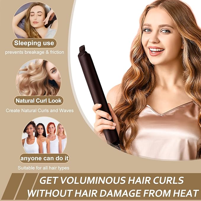 Satin Heatless Hair Curler,4 Piece Set,Overnight Heatless Curls, Not easy to slip Heatless Curling Rod You Can Sleep In, Soft Silk DIY Hair Styling Tools Kit, Silk Bonnet for Sleeping-Brown