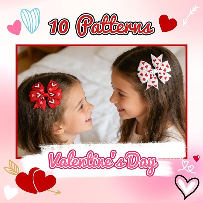 choicbaby 20pcs Valentines Hair Bows Toddler Girls Hair Clips 3＂Grosgrain Ribbon Baby Bow Clips Valentines Love Heart Pattern Bows with Alligator Clips Hair Accessories for Toddler Girls Baby Kids