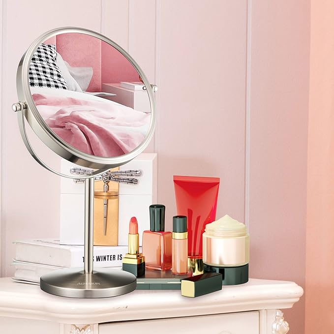 ALHAKIN 10x Magnifying Makeup Mirror, 8 Inch Tabletop Mirror with 1X/10X Magnification Double Sided, Standing Bathroom Makeup Mirror for Desk, Nickel