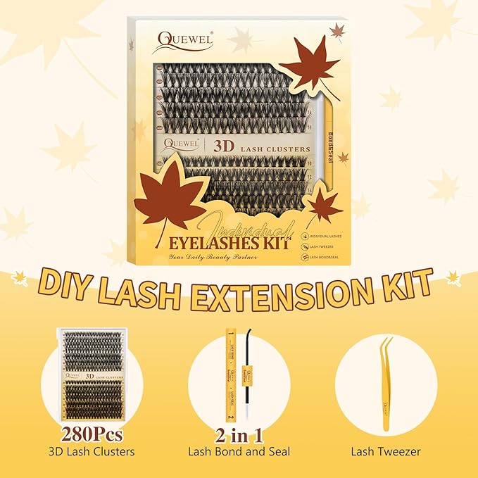 QUEWEL Lash Clusters Kit, 280Pcs 40D+50D 3D Lash Cluster Eyelash Extensions 10-18mm Volume Individual Lashes with Lash Bond and Seal and Lash Tweezers Easy DIY at Home(40D+50D 3D Kit)