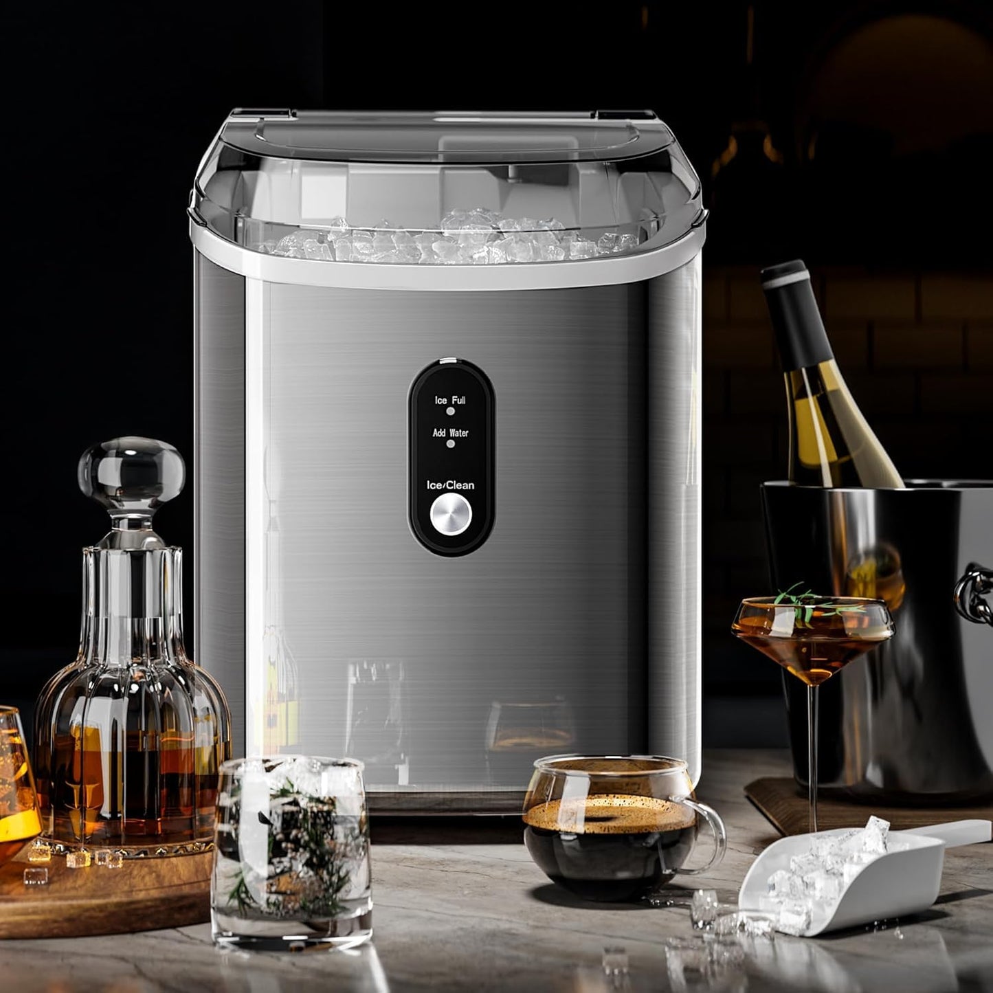 Kismile Nugget Ice Makers Countertop,35Lbs/24H,Portable Sonic Ice Machine with Self-Cleaning,One-Click Operation for Home/Office(Stainless Steels Silver)