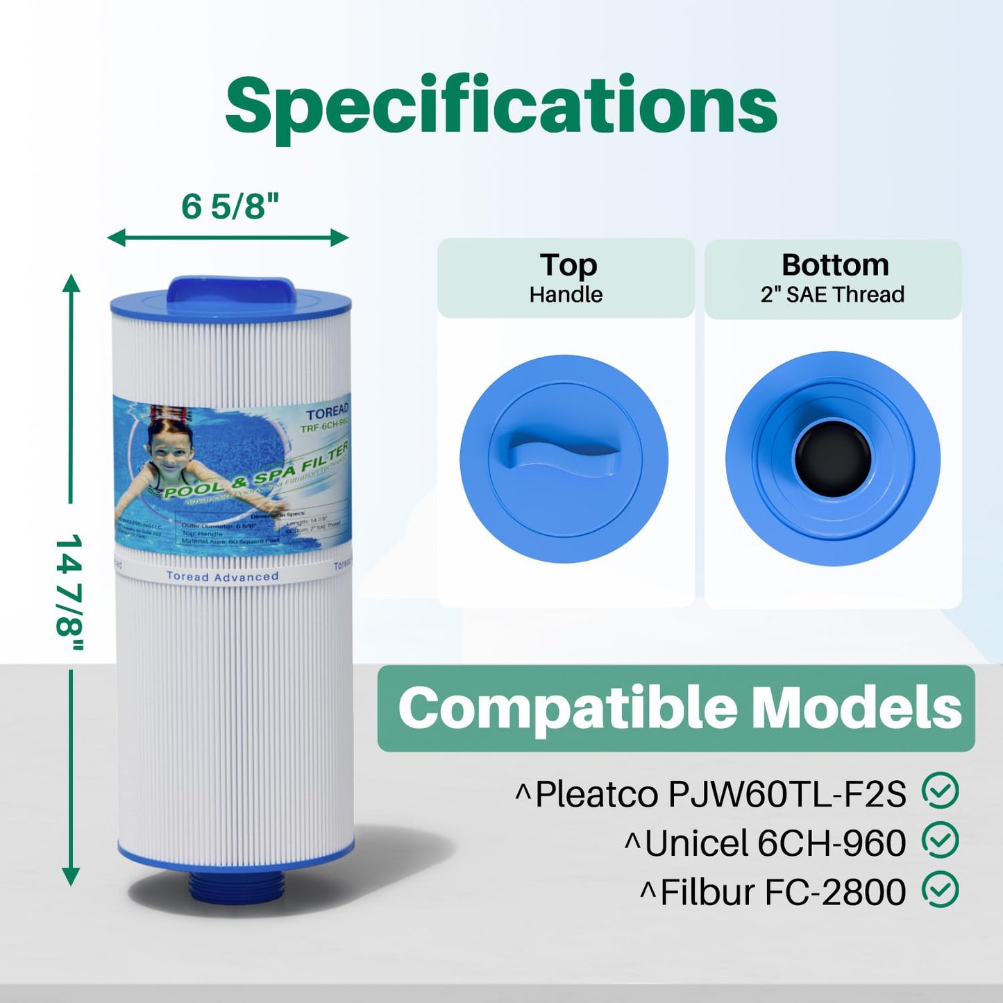 TOREAD 6CH-960 Spa Filter Replaces Jacuzzi Filters J-300, J400, PJW60TL-F2S, 14081, 6000-383A, Unicel 6CH-960, Filbur FC-2800, 6540-383, Hot Tub Filter with Closed Handle 2 Pack (Not be Removed)
