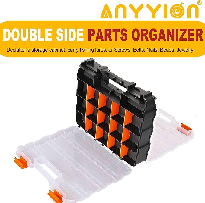 Anyyion Small Parts Organizer, 34-Compartments Double Side parts organizer with Removable Dividers for Hardware, Screws, Bolts, Nails, Beads, Jewelry.