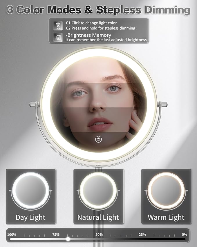 VFD 30X/1X Makeup Mirror with Lights, Height Adjustable Lighted Magnifying Vanity Mirror with 3 Lighting and Adjustable Brightness, 3000mAh Rechargeable Double Sided Switch for Desk Women Gift