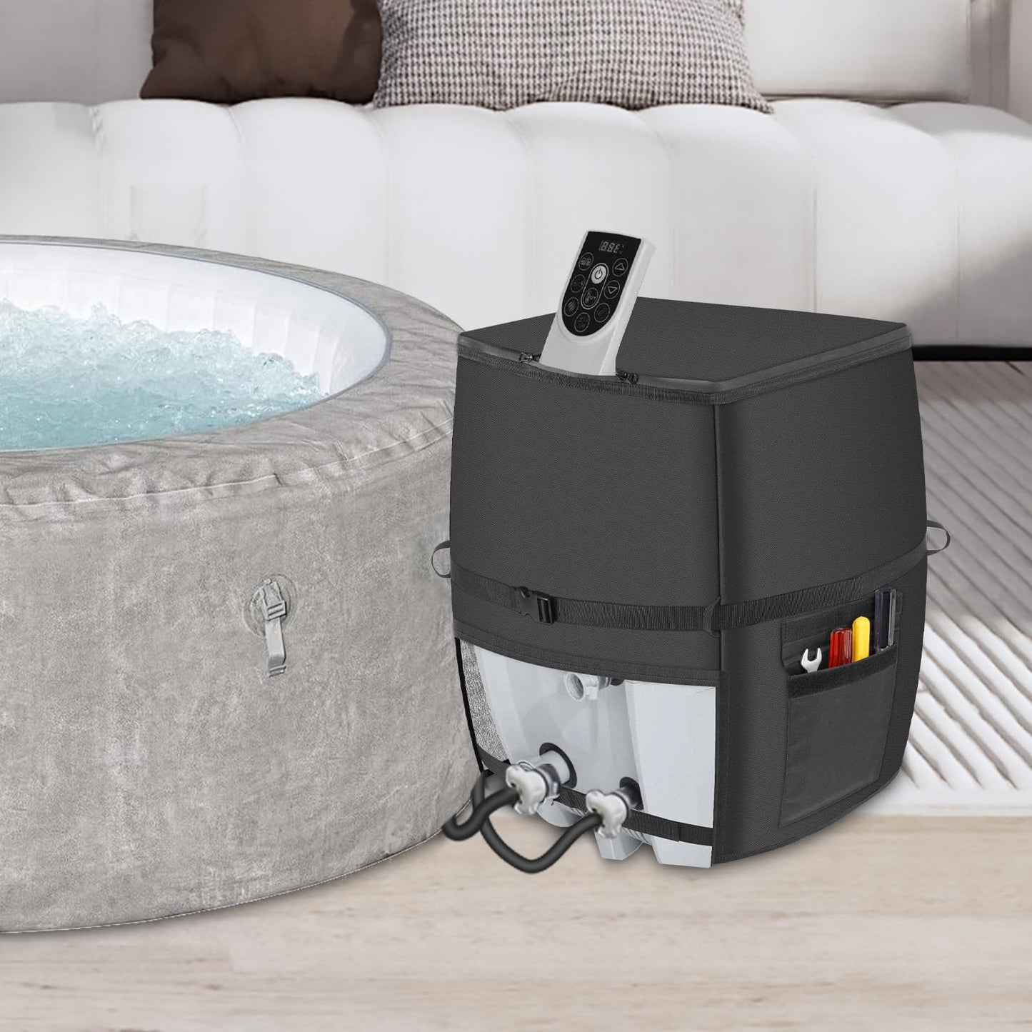 Hot Tub Spa Heater Pump Cover,Waterproof 600D Oxford Fabric Aluminum Film Insulated Cover,Inflatable Hot Tub Spa Heater Pump,Easy Installation with Zipper and Adhesive Straps,Black,Square