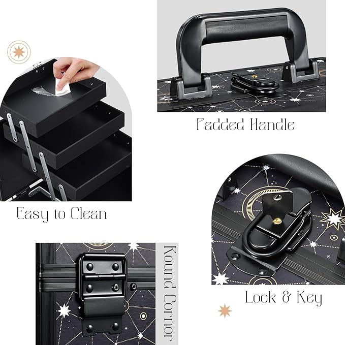 Joligrace Galaxy Printed Makeup Train Case, 3-Tier Makeup Storage Box, Portable Makeup Organizer, Hard Makeup Case with Mirror and Lock, Professional Makeup Case for Women