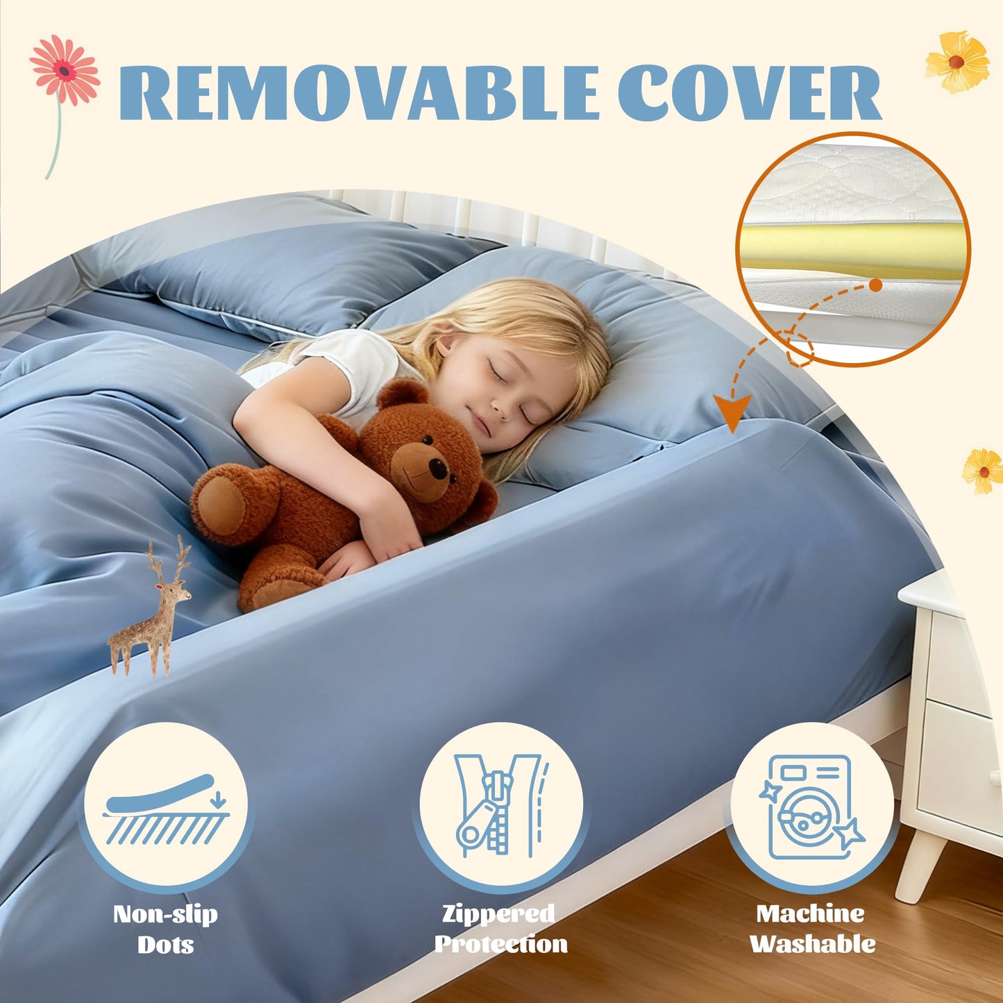 Asatdd Bed Rail for Toddlers with Adjustable Strap, Bed Guard Rail, Soft Memory Foam Toddler Bed Bumper for Twin, Full, Queen, King Beds with Washable Cover, 1 Pack