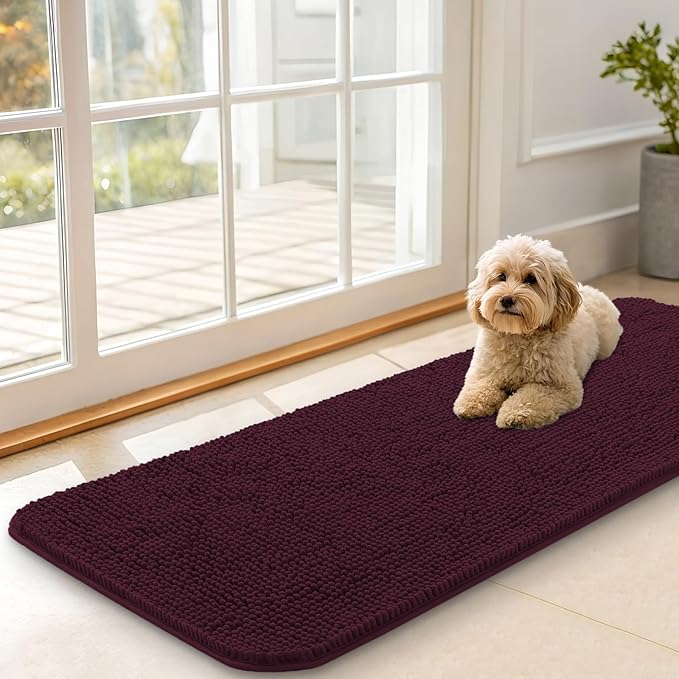 OLANLY Dog Door Mat for Muddy Paws 47x17, Absorbs Moisture and Dirt, Absorbent Non-Slip Washable Doormat, Quick Dry Chenille Mud Mat for Dogs, Entry Indoor Entryway Carpet for Inside Floor, Russet