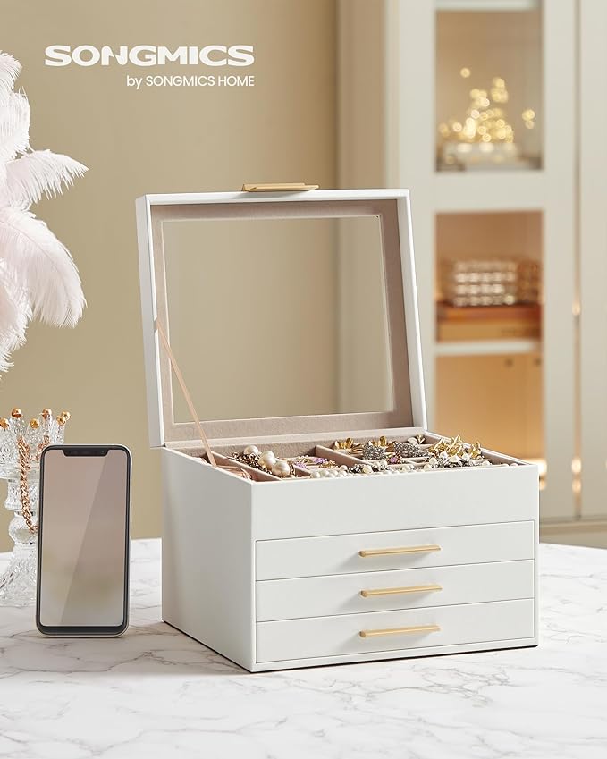 SONGMICS GISELLA Collection - Jewelry Box Organizer, 4-Layer Jewelry Storage with 3 Drawers, Shiny Metal Hardware, Glass Lid, Modern, 8 x 9.1 x 6.5 Inches, Cloud White and Gold Color UJBC173W01