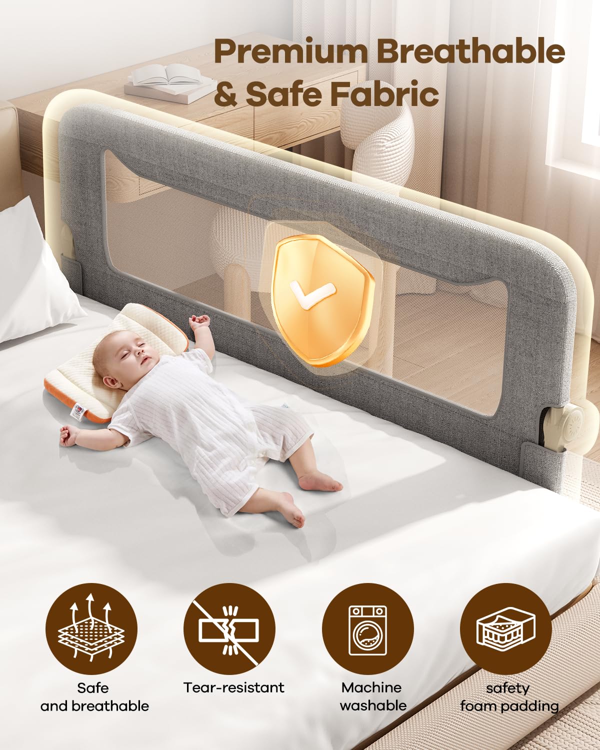 GrowthFun Foldable Bed Rail for Toddlers, 59in Reinforced Carbon Steel Frame&Connectors, Breathable Cationic Fabric, Safety Toddler Bed Rails for Queen, King, Twin, Full, No-Tool Setup.