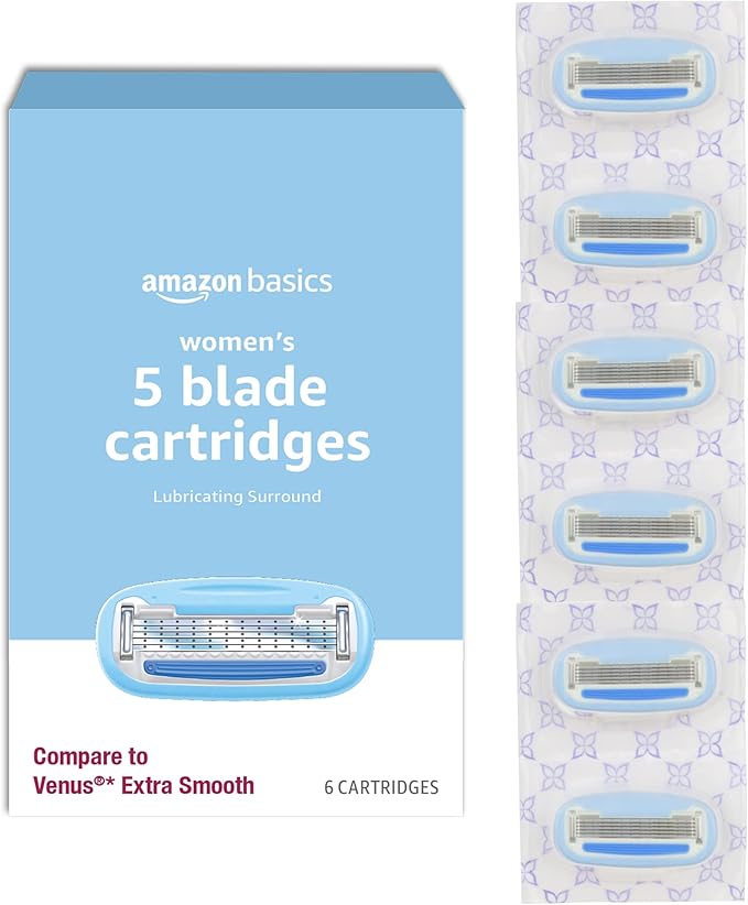 Amazon Basics 5-Blade Razor Refills for Women with Comfort-Coated Blades, Moisture Lubrication, Hypoallergenic, 6 Count (Fits Amazon Basics Razor Handles Only) (Previously Solimo)