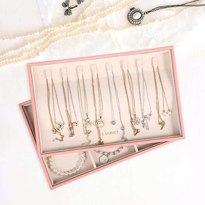 LANDICI Stackable Jewelry Organizer Trays 4 Set,PU Leather Jewelry Organizer Drawer,Jewelry Storage Display Tray for Earring Necklace Rings Bracelet with Removable Dividers,Pink