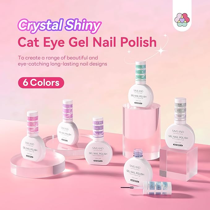 SAVILAND Color Artistry Cat Eye Gel Nail Polish: 6 Colors Crystal Shiny Magnetic Gel Nail Aurora Pink Blue Purple Shimmer Cateye Nail Polish Set Ma